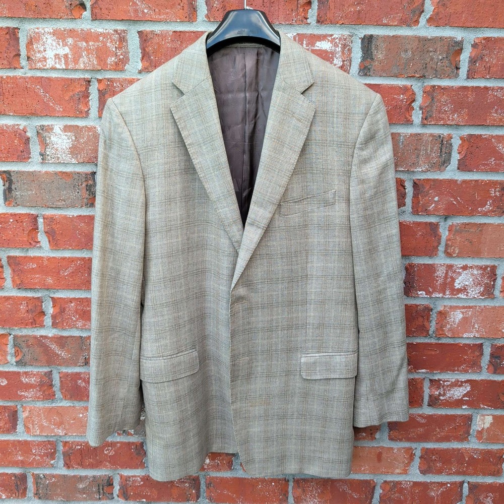 Versace Collection Blazer Mens 56 IT Tan Brown Silk Wool Glen Plaid Jacket